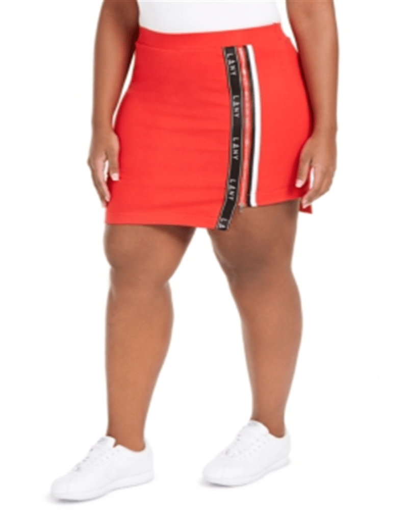 Front of a model wearing a size XL Lala Anthony Women's Trendy Plus High Low Active Mini Skort Red Size X-Large in Red by Lala Anthony. | dia_product_style_image_id:310723